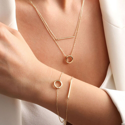Solid Gold Necklace&Bracelet Double Chain