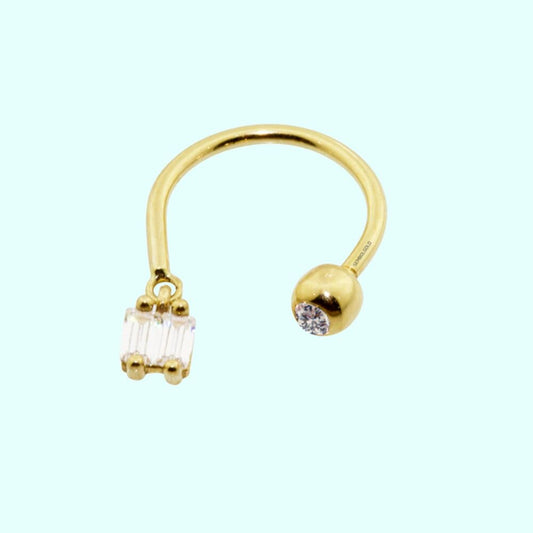 Solid Gold Half Hoop Ear Piercing 14K Baguette With Gemstone