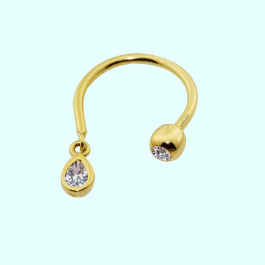 Solid Gold Half Hoop Ear Piercing 14K Drop With Gemstone