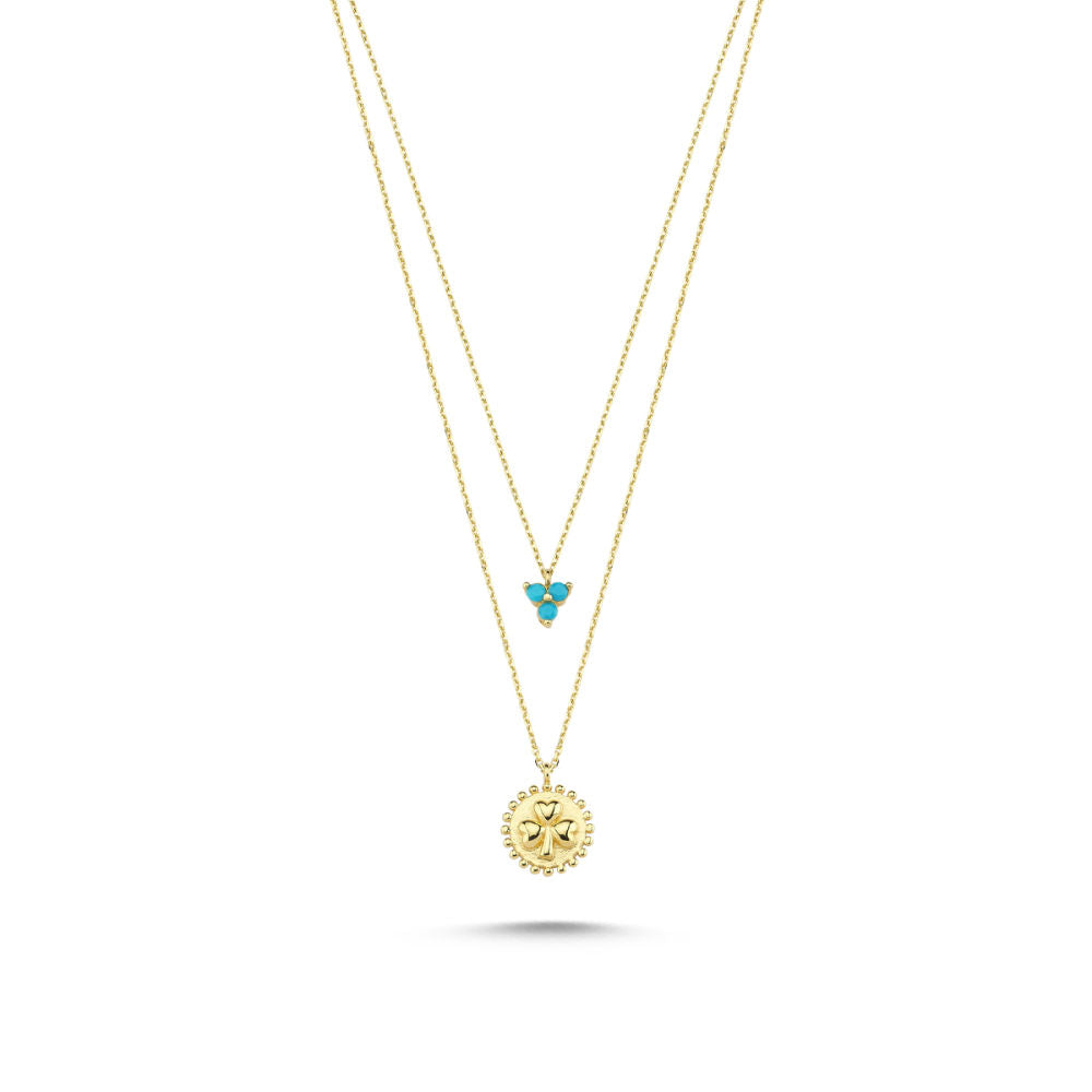 14K Solid Gold Daisy Turquoise Gemstone Necklace
