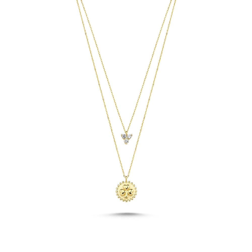 Solid Gold Cemre Necklace 14K Daisy With Gemstone Double Chain