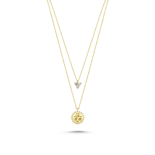 Solid Gold Cemre Necklace 14K Daisy With Gemstone Double Chain