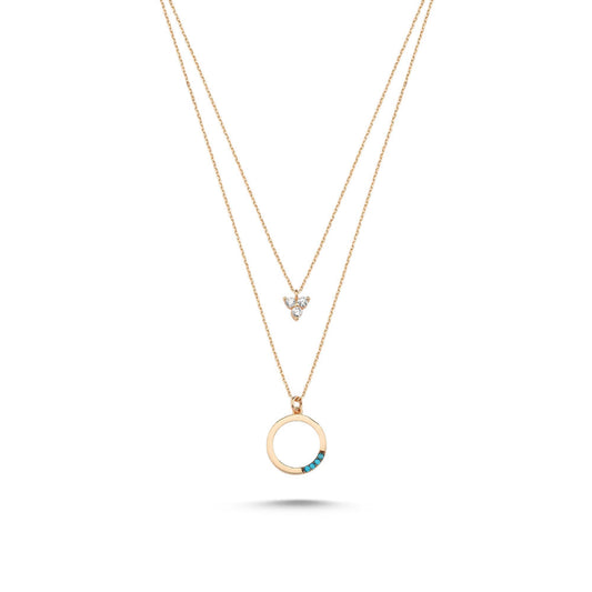 14K Solid Gold Round Double Chain Turquoiseand Gemstones Necklace