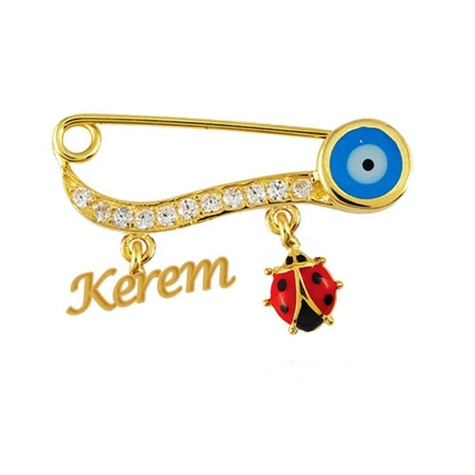 Solid Gold Safety Pin Personalized Name And Ladybug