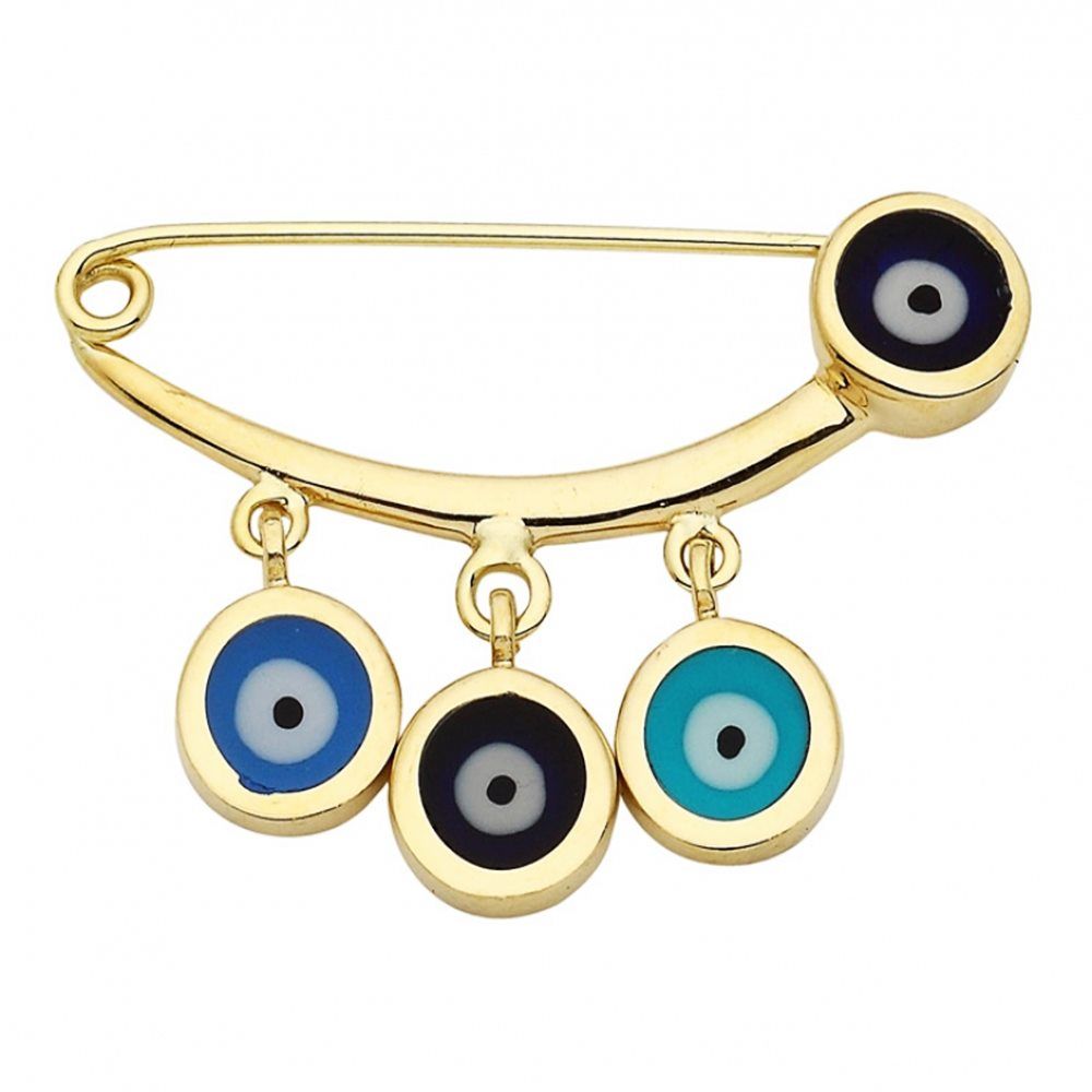 Solid Gold Safety Pin Enamel Evil Eye Three Unisex