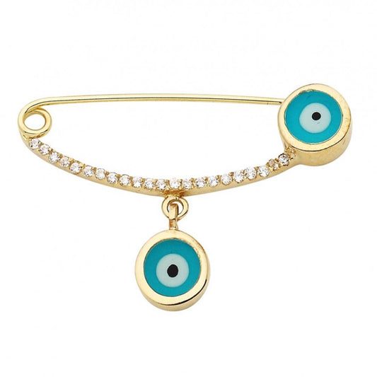 Solid Gold Safety Pin Evil Eye Blue Enamel With Gemstone (Girls)