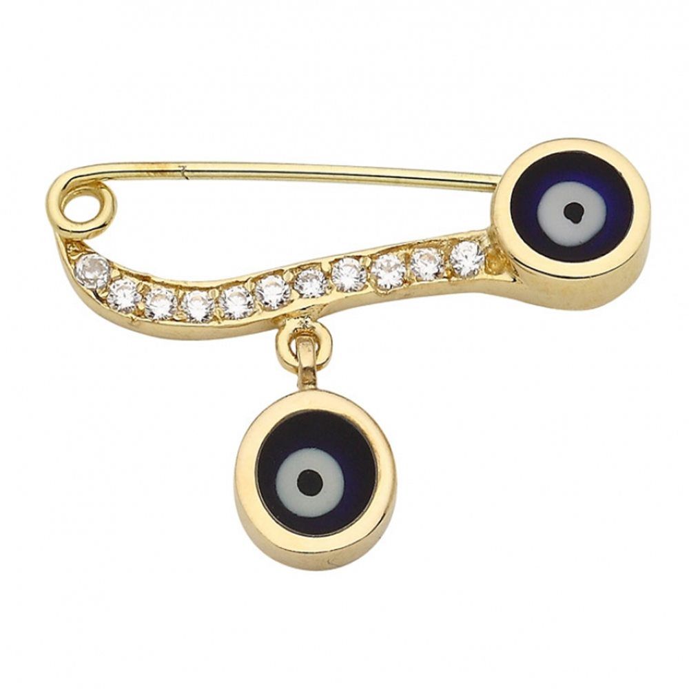 14K Solid Gold Safety Pin Evil Eye Enamel With Gemstone Girls