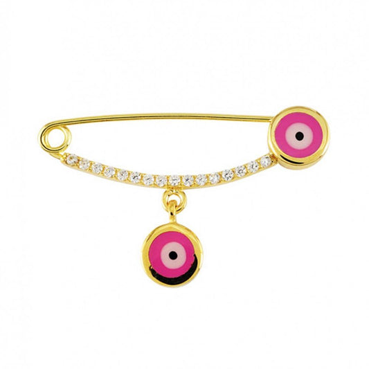 Solid Gold Safety Pin Pink Evil Eye With Gemstone (Girls)
