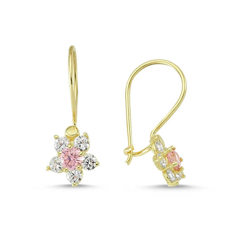 Solid Gold Kids Earrings 14K Dangle Model With Gemstone