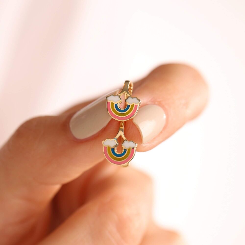 Solid Gold Kids Earrings Rainbow Enamel