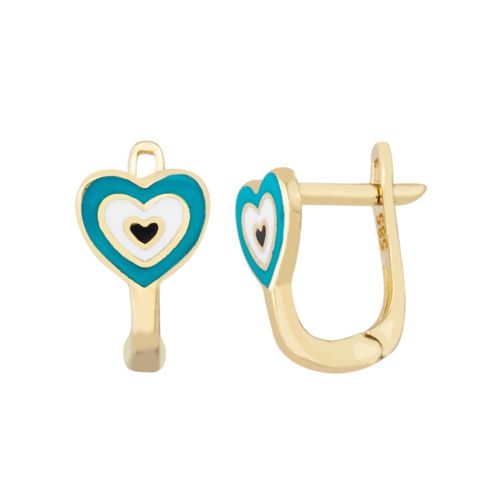 Solid Gold Kids Earrings Heart Enamel Turquoise