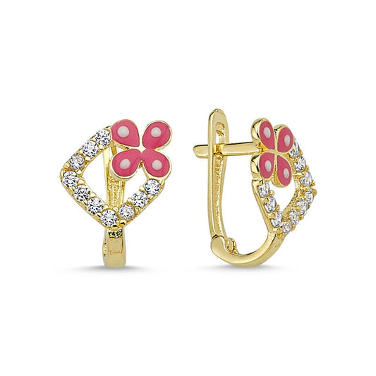 Solid Gold Kids Earrings Butterfly Design Pink Enamel