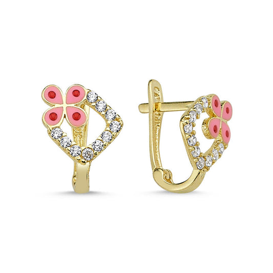 Solid Gold Kids Earrings Butterfly Pink Enamel