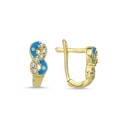 Solid Gold Kids Earrings Blue Enamel Infinity