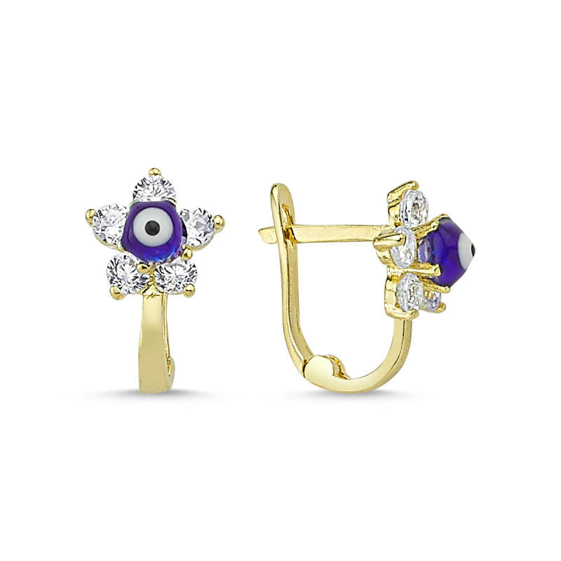 Solid Gold Kids Earrings Evil Eye Flower