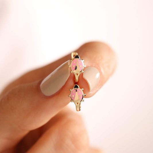 Solid Gold Kids Earrings Ladybug Enamel Pink