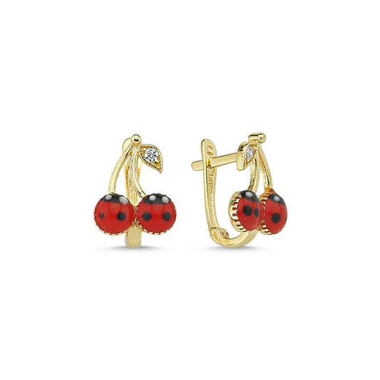 Solid Gold Kids Earrings Ladybug Cherry