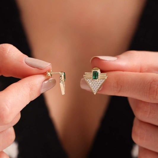 Solid Gold Emerald Stone Triangle Earrings Design