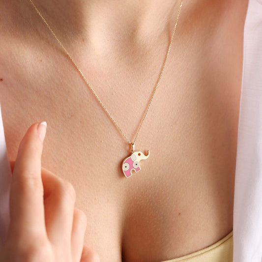 Solid Gold Elephant Necklace Special Design Pink Enamel