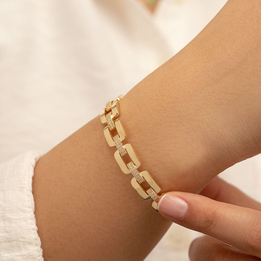 Solid Gold Fission Handcuff Stone Detail Bracelet