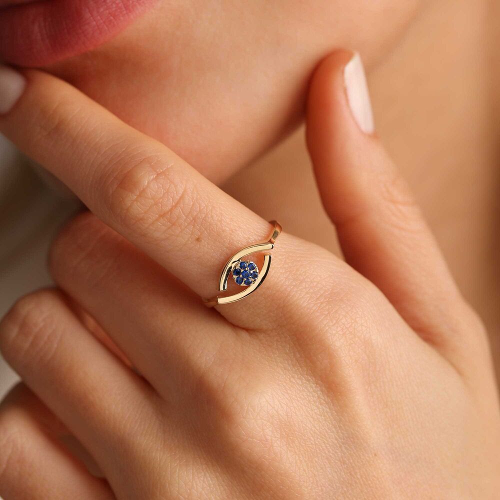 Solid Gold Evil Eye Ring Aqua Blue