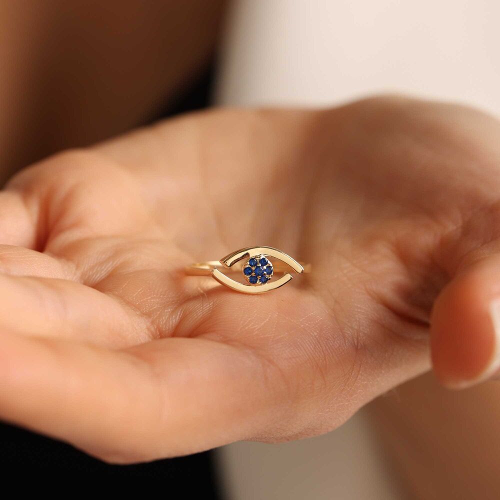 Solid Gold Evil Eye Ring Aqua Blue