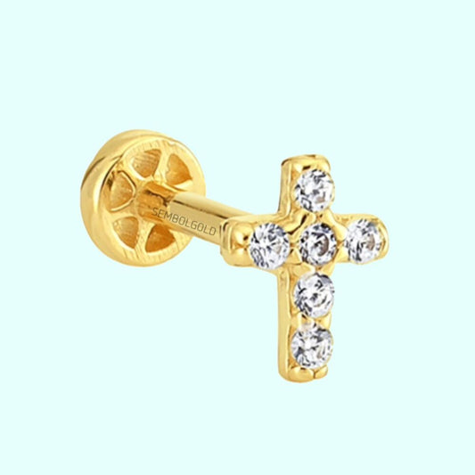 Solid Gold Cross / Crucifix Tragus Piercing 14K