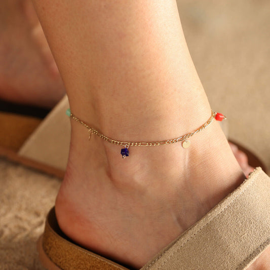 Solid Gold Anklet 14K Figaro Chain Cube Beads & Plate