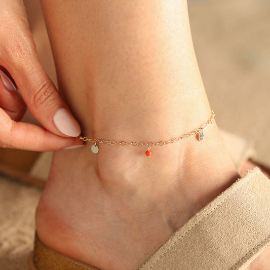 Solid Gold Anklet 14K Pearl & Plate