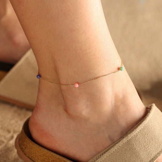 Solid Gold Anklet 14K Opal With Gemstone Force Chain