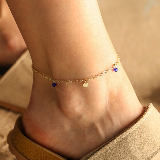 Solid Gold Anklet 14K Plate & Sapphire Cube Beads