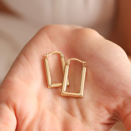 Solid Gold Hoop Earrings Bomb Rectangle