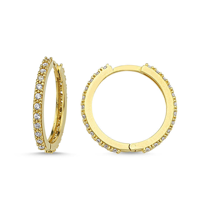 Solid Gold Hoop Earrings Single Row With Gemstone