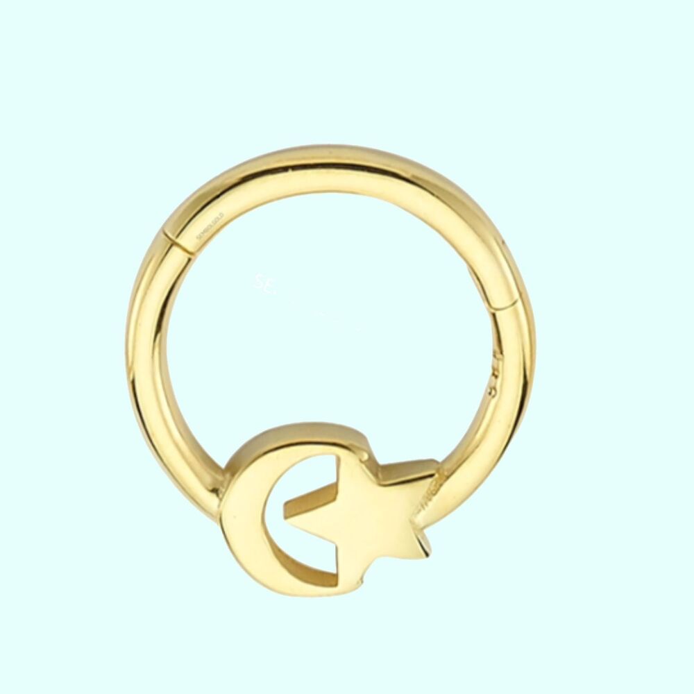 Solid Gold Hoop Piercing Moon Star 14K