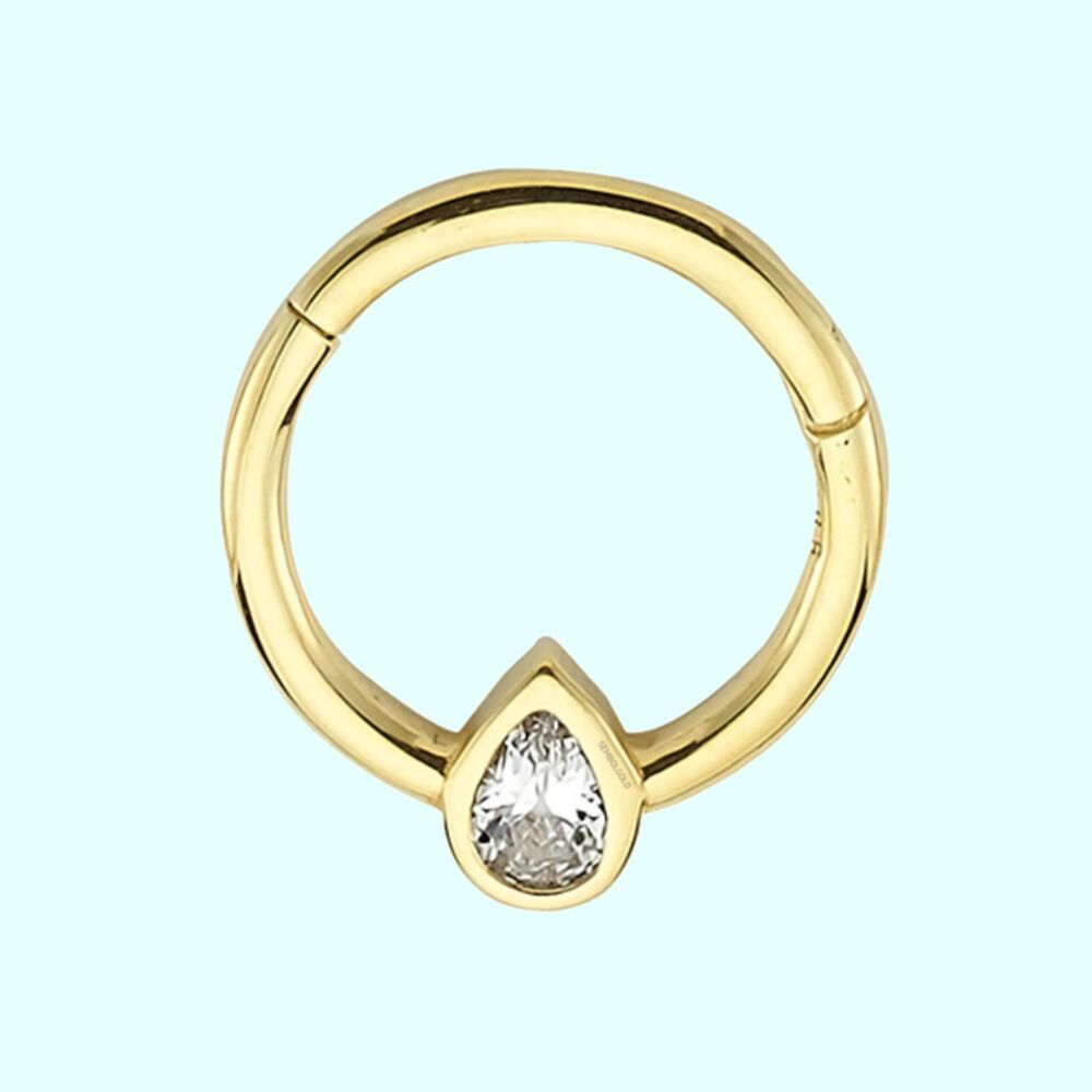 Solid Gold Hoop Piercing Drop Solitaire 14K