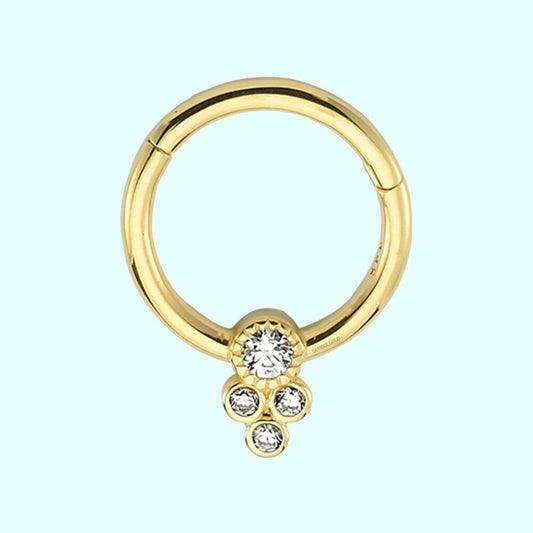 Solid Gold Hoop Piercing Four Stones 14K