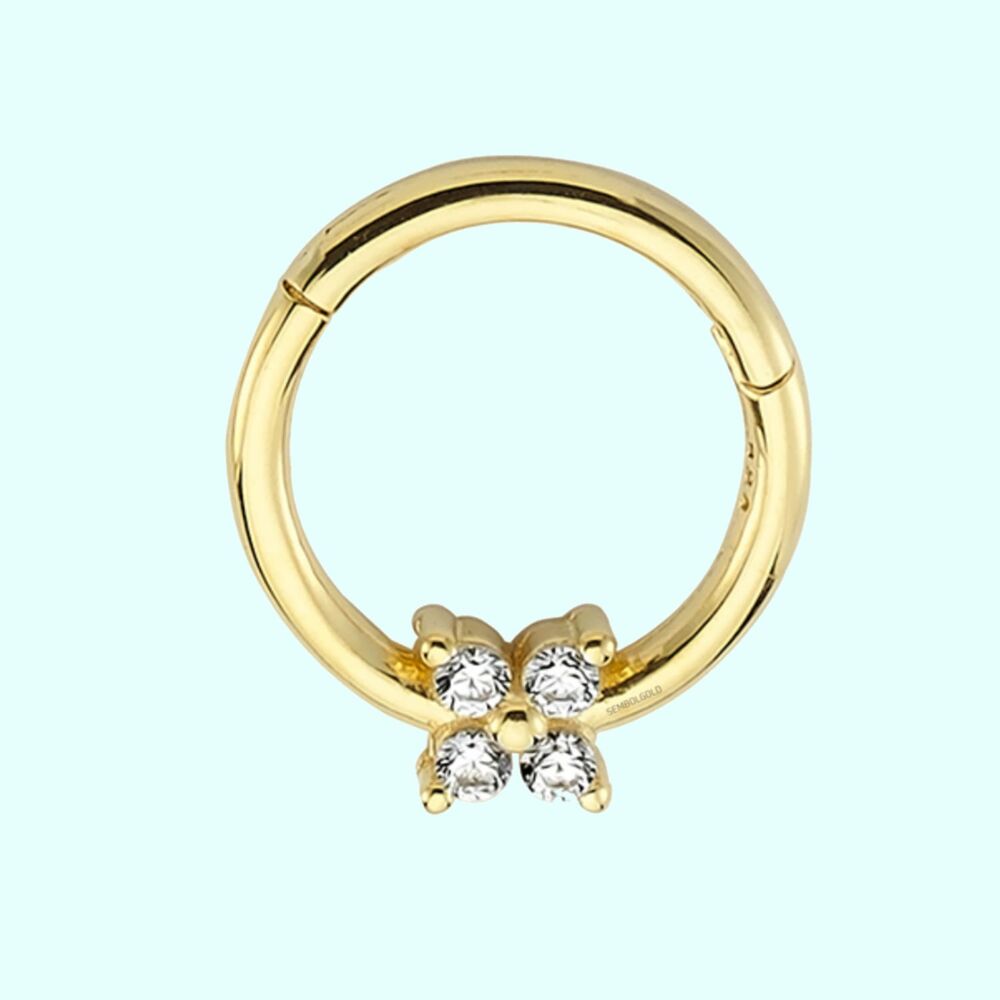 Solid Gold Hoop Piercing Four Stones 14K