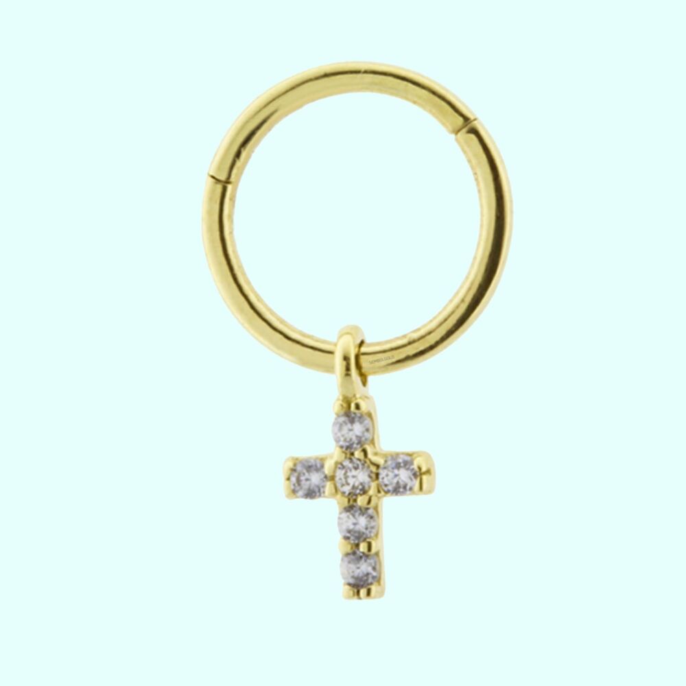 Solid Gold Hoop Piercing Cross / Crucifix 14K