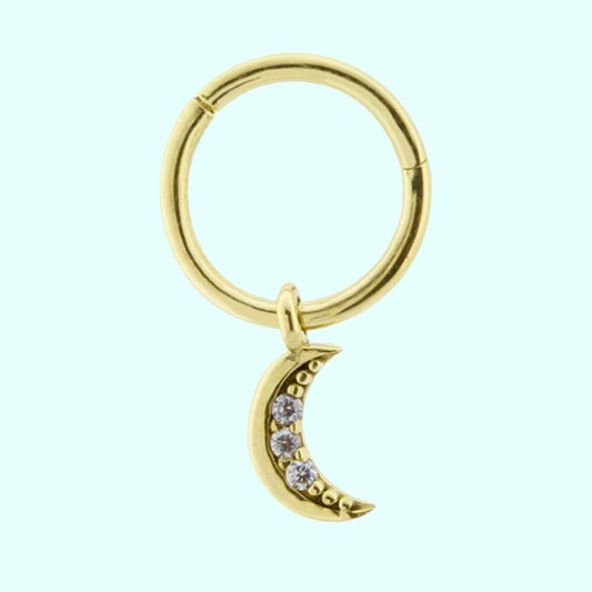 14K Solid Gold Moon With Gemstone Hoop Piercing