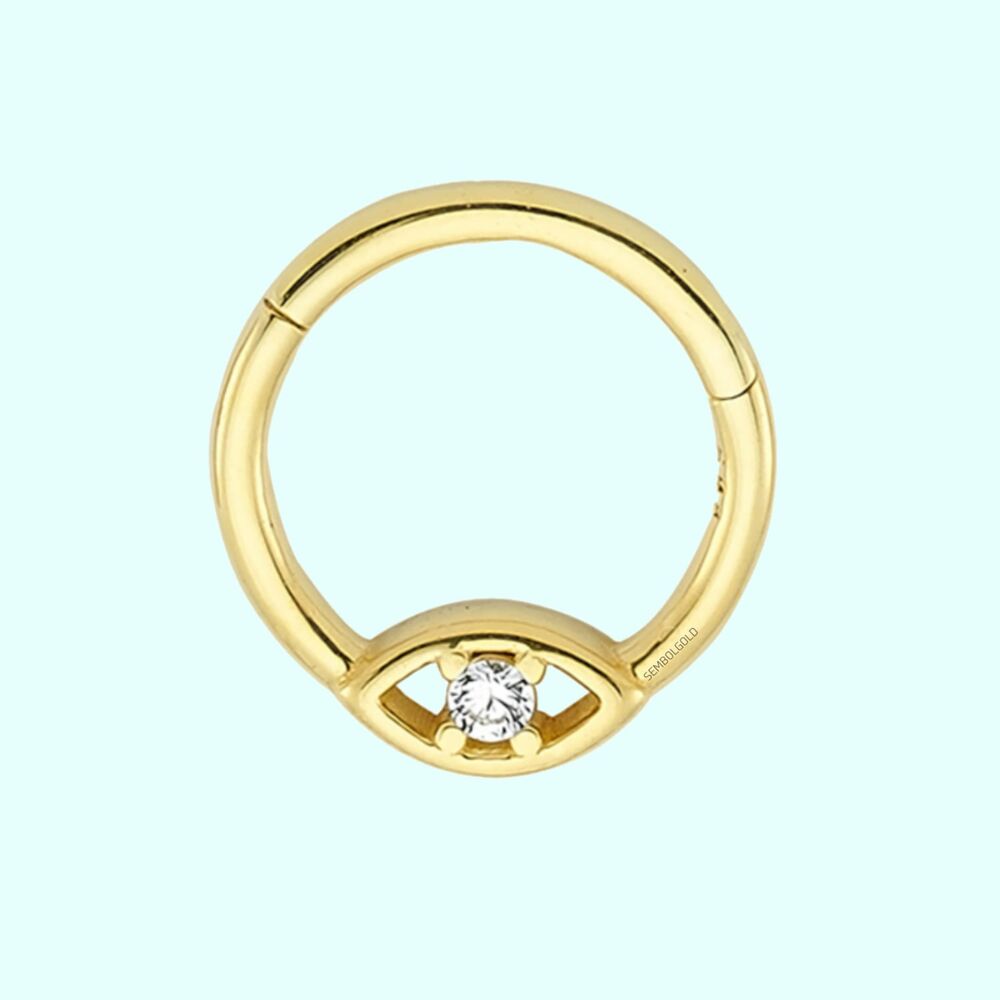 Solid Gold Hoop Piercing Solitaire Evil Eye 14K