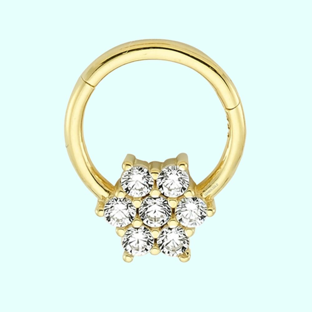 Solid Gold Hoop Piercing Solitaire Snowflake 14K