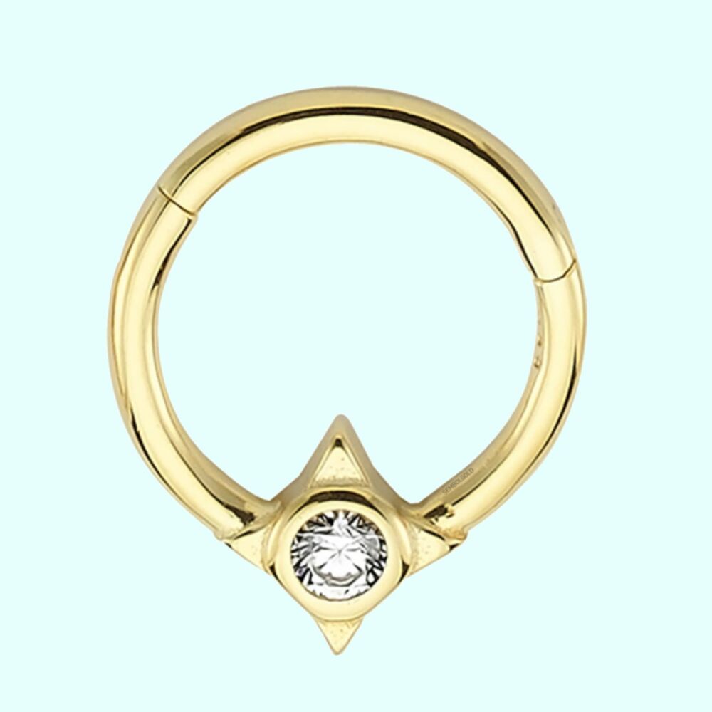 Solid Gold Hoop Piercing Solitaire Compass 14K