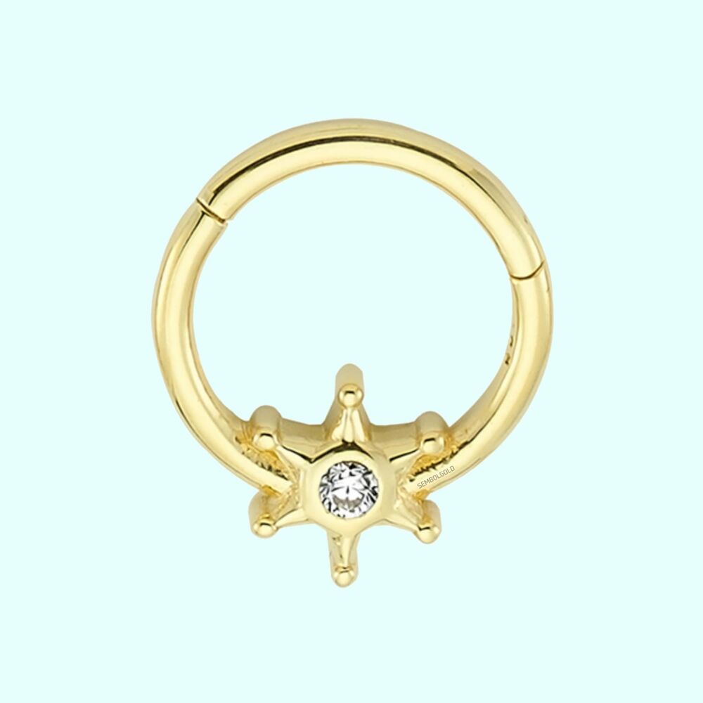 Solid Gold Hoop Piercing Solitaire Star 14K