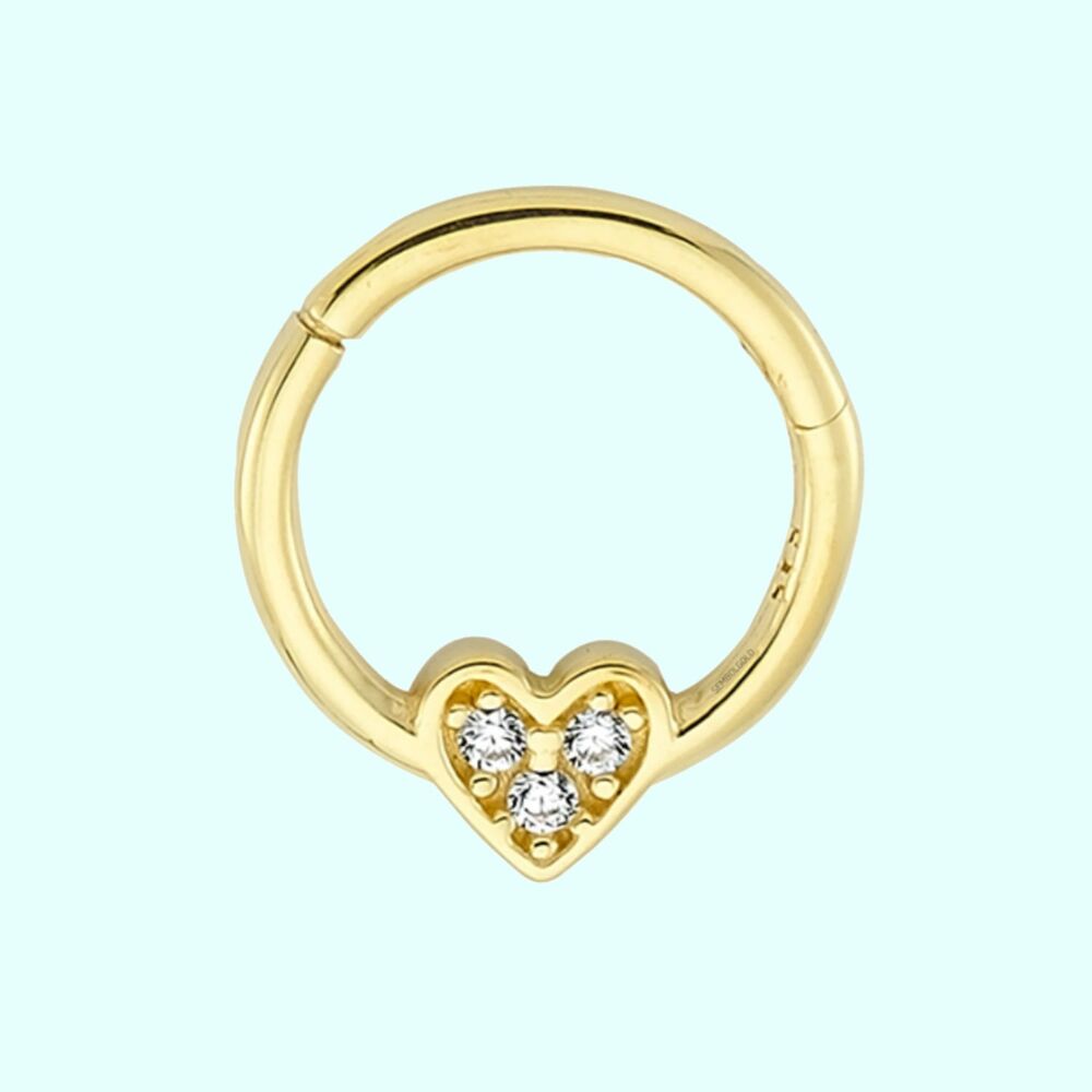 Solid Gold Hoop Piercing Three Stones Heart 14K