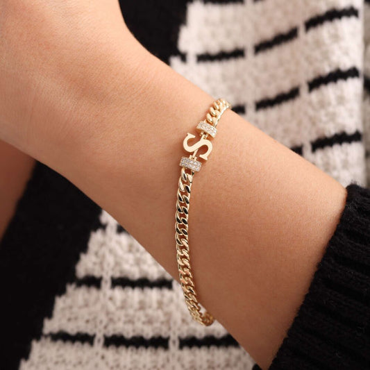 Solid Gold Initial Bracelet Gourmet Chain (All Initials Available)