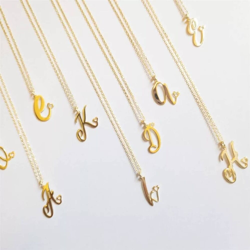 Solid Gold Initial Necklace Heart Form 14K