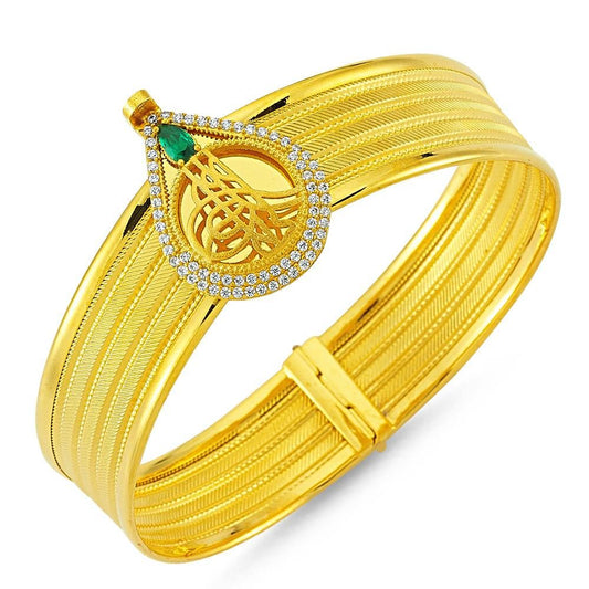 Solid Gold Wicker Bracelet Four Row Drop Emerald