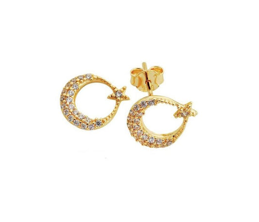 14K Solid Gold Moon Star Earrings