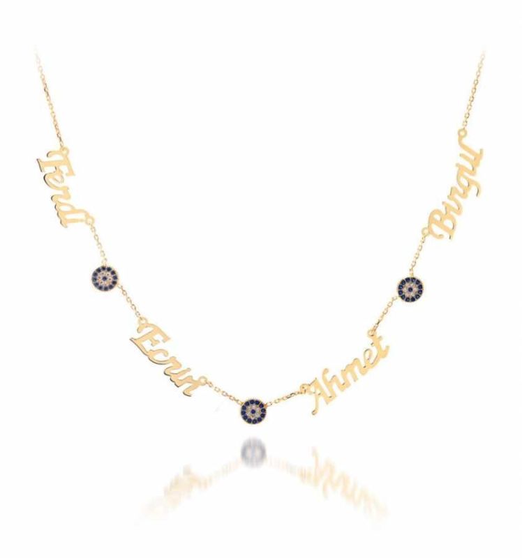 Solid Gold Personalized Four Name And Evil Eye Family Necklace