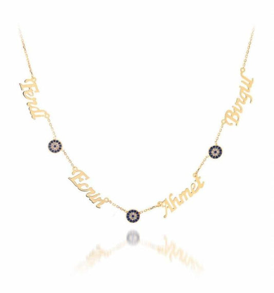 Solid Gold Personalized Four Name And Evil Eye Family Necklace